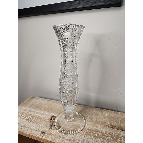 Cut Crystal Bud Vase 8.25" Sawtooth Queens Lace Vintage Czech - Picture 1 of 8